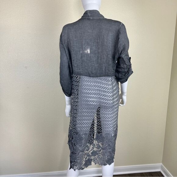 Italy Linen Women Size OS Gray Roll Sleeves Embroidered Cardigan NEW Long Line - Picture 9 of 15